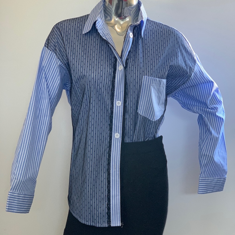 L/C blue and white with lace button down shirt size Medium
